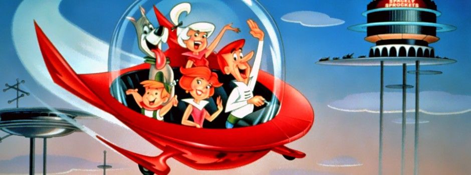 The Jetsons in their cartoon flying car
