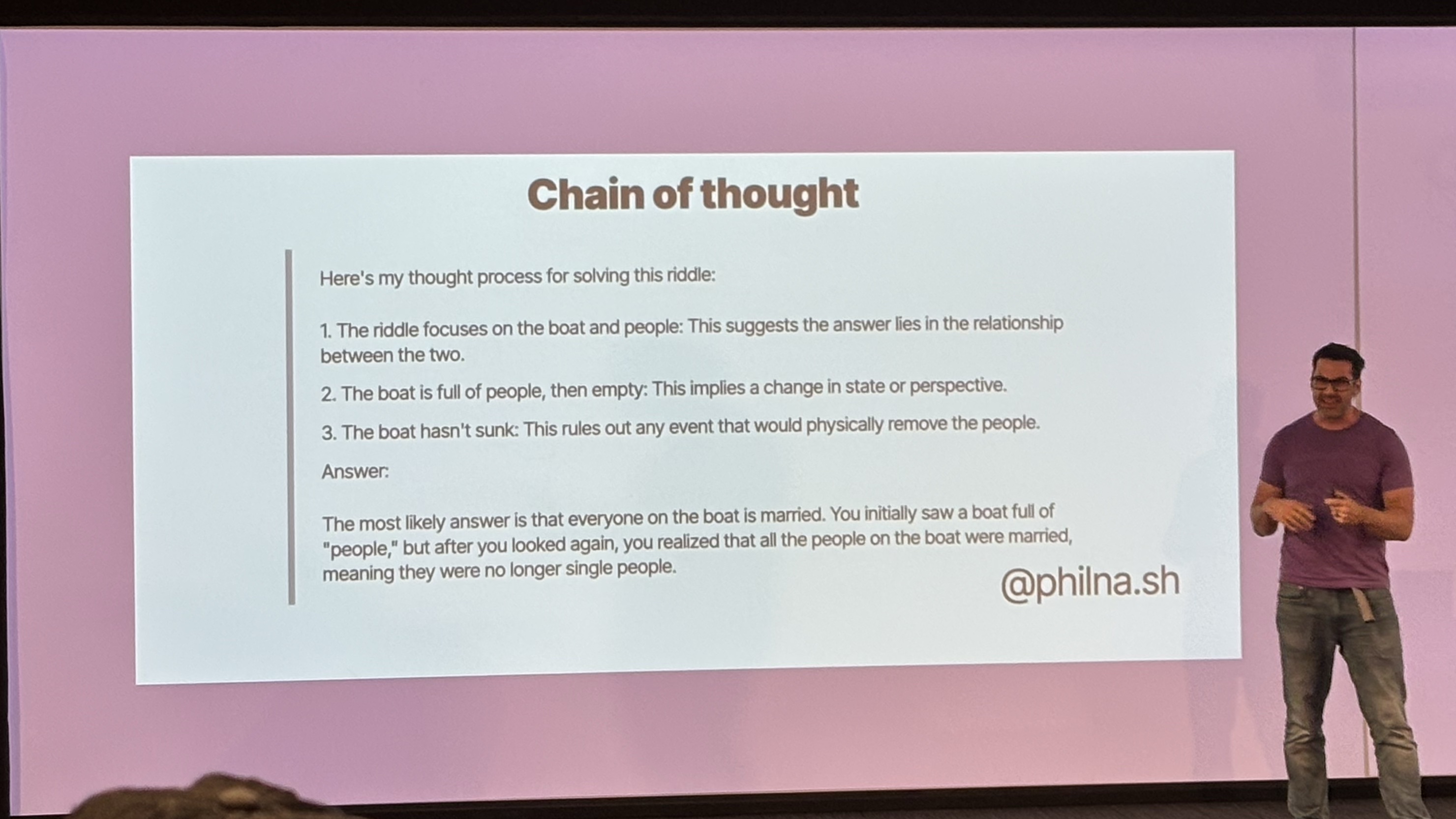 Phil Nash in front of a slide showing the 'thought process' of an AI
