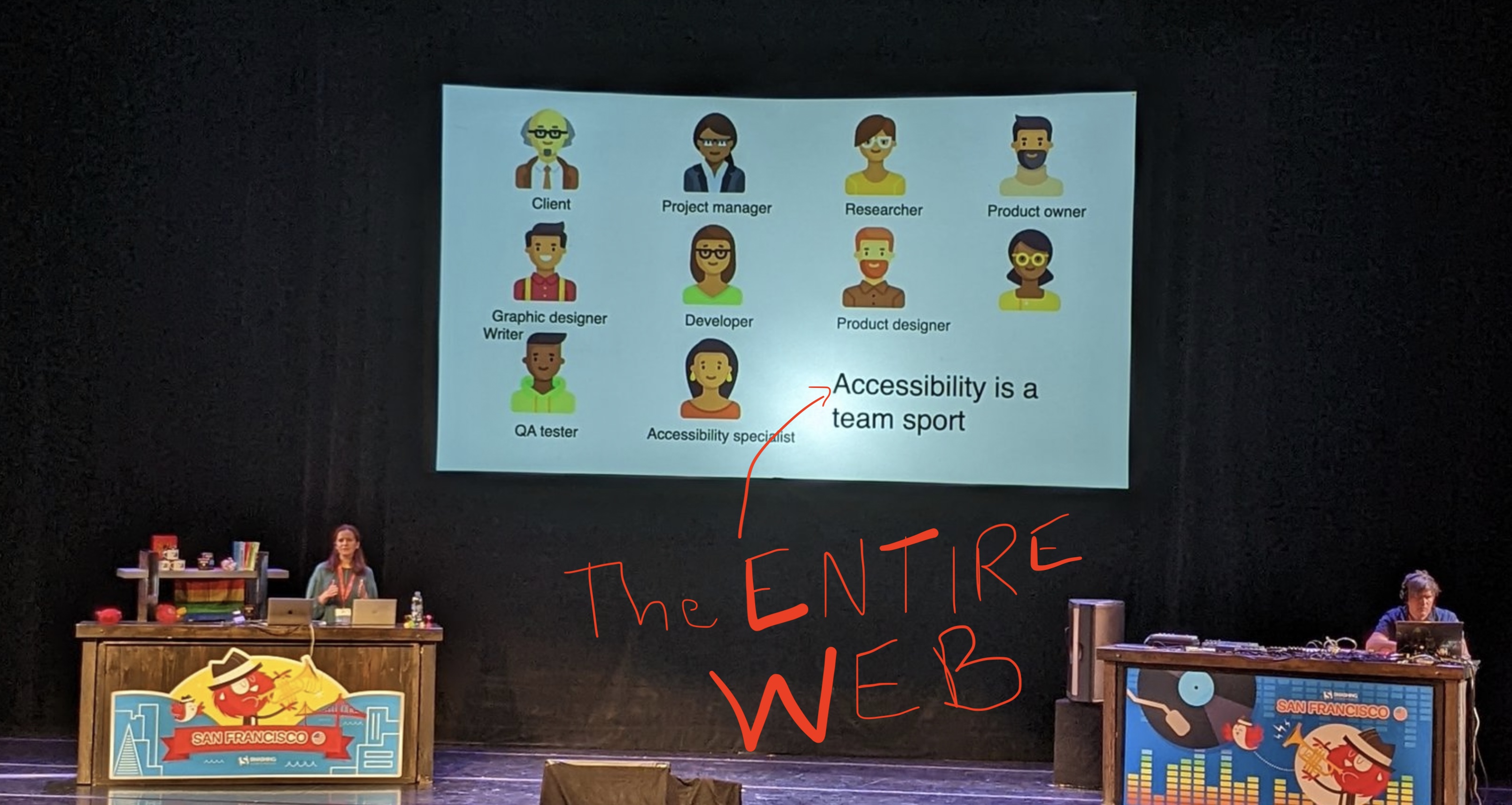 Kate Kalcevich on stage,
with a slide of many illustrated faces,
that says Accessibility is a Team Sport -
with red scribbles overtop saying
The Entire Web
