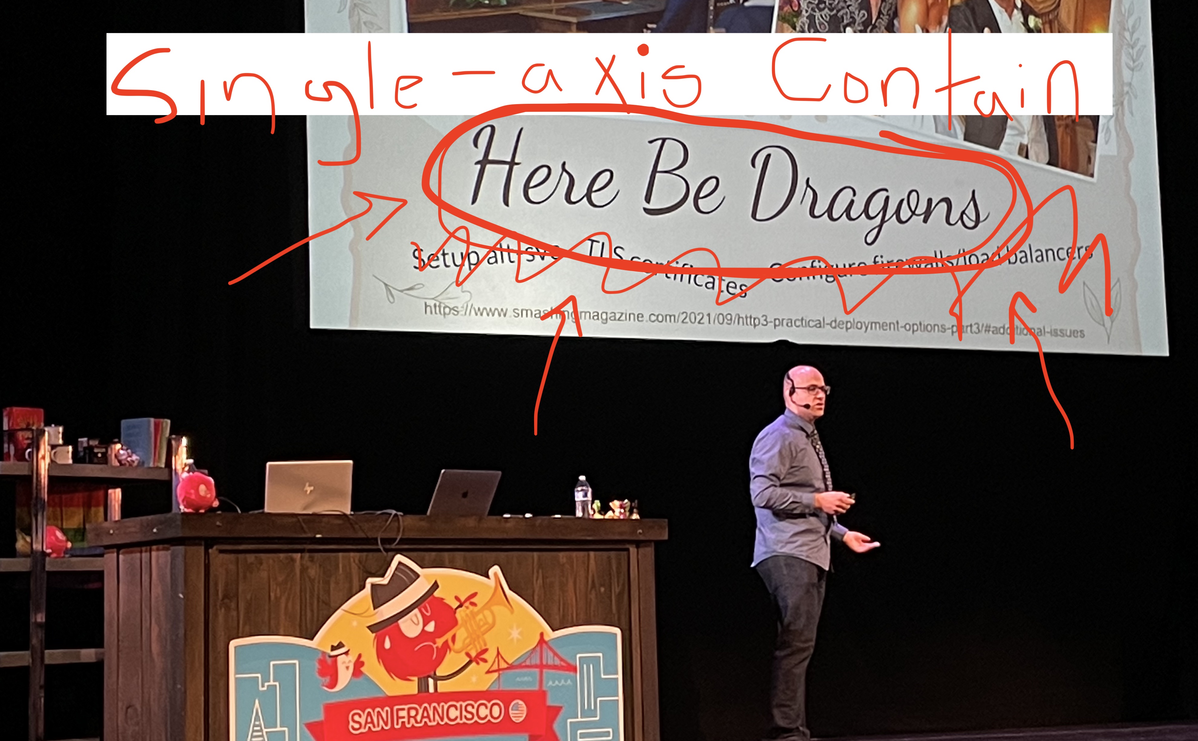 Robin Marx on stage,
with a slide that says
Here Be Dragons
about http3,
but scribbled text makes it about
Single-axis containment
