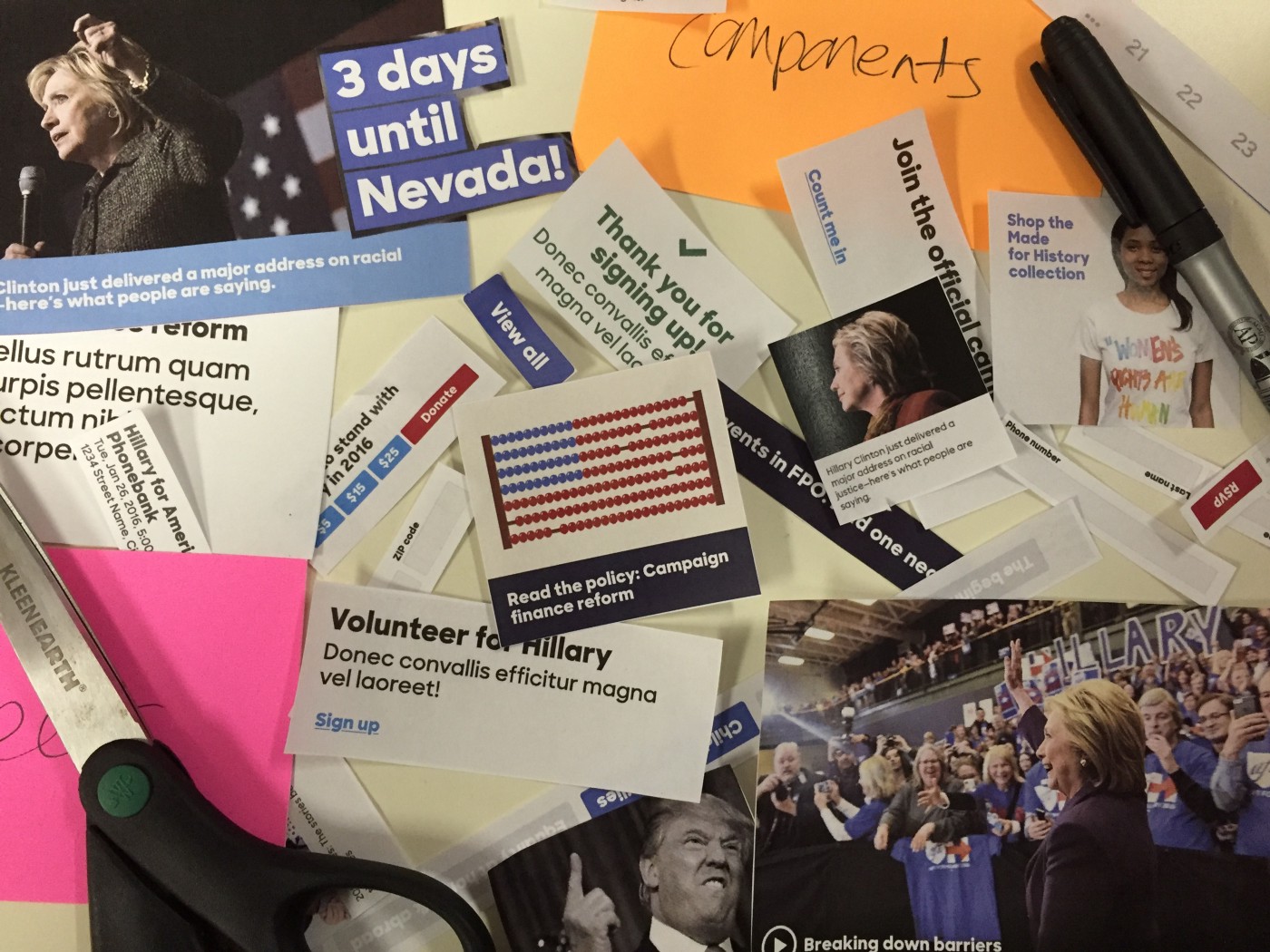 Design patterns from the Hillary campaign,
printed on paper, cut apart,
and labeled with sticky notes
