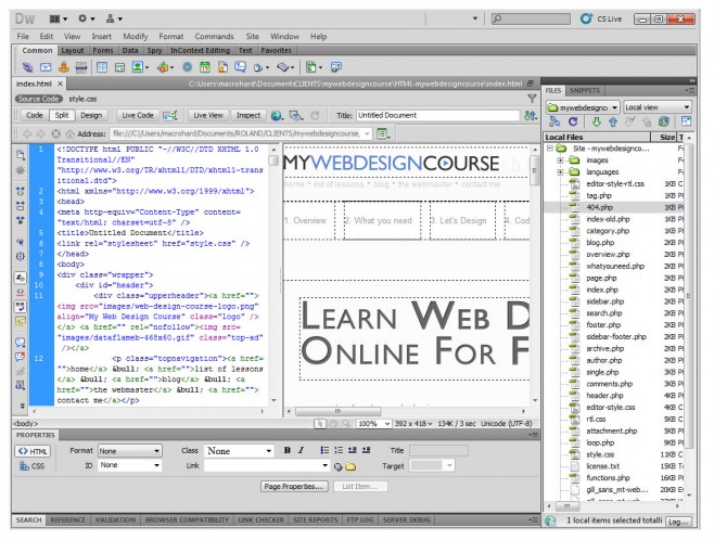 2000s era DreamWeaver interface
with toolbars and menus,
a small window for code,
and a small browser window
showing a table layout
for something called
MyWebDesignCourse
