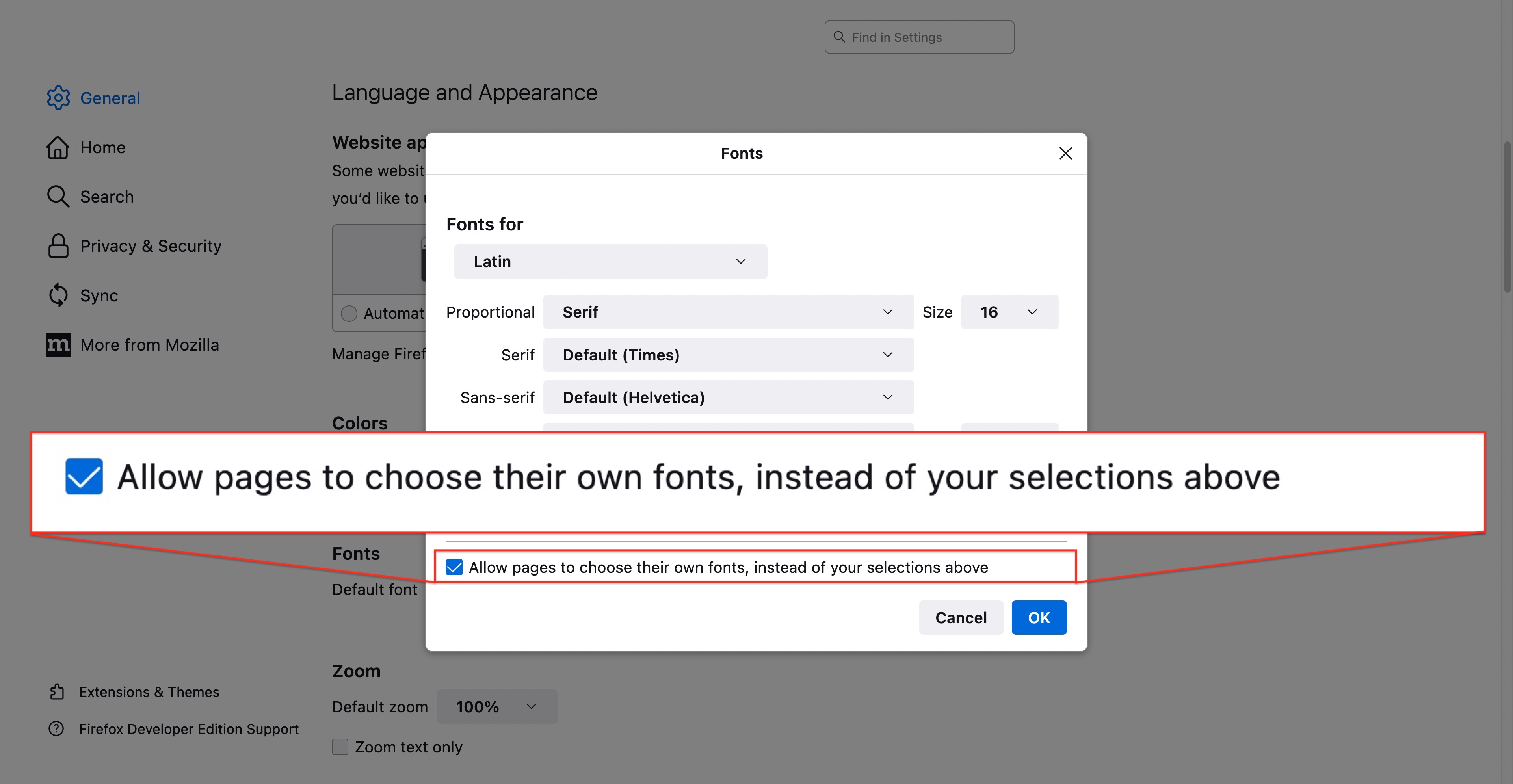 In the font preferences dialogue,
a default-checked option:
Allow pages to choose their own fonts,
instead of your selections above
