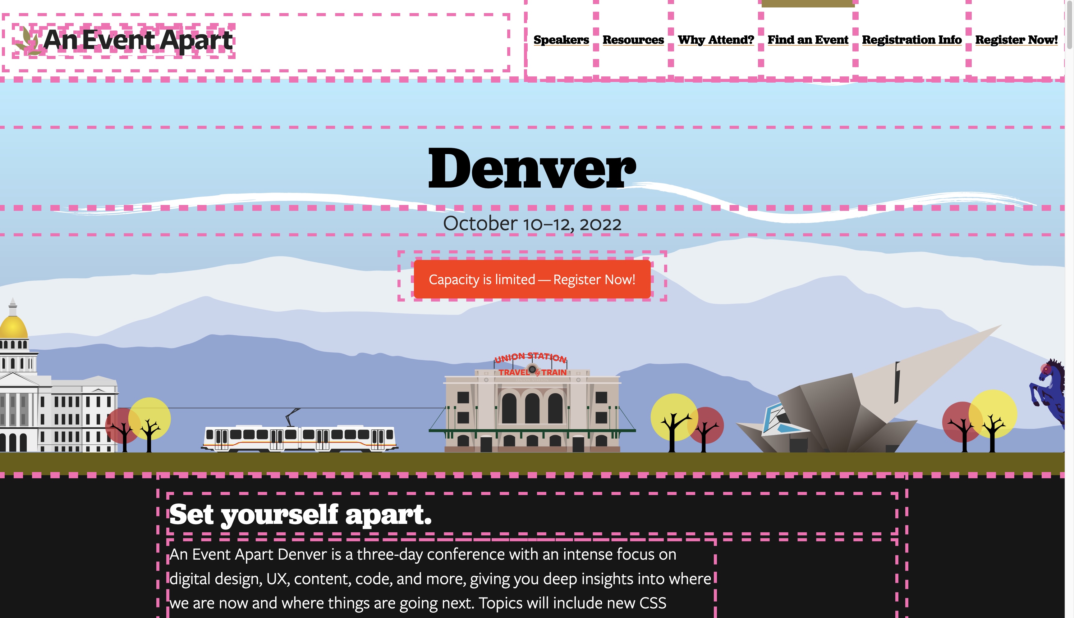 AEA Denver website
with an hotpink dashed outline
around every element on the page
