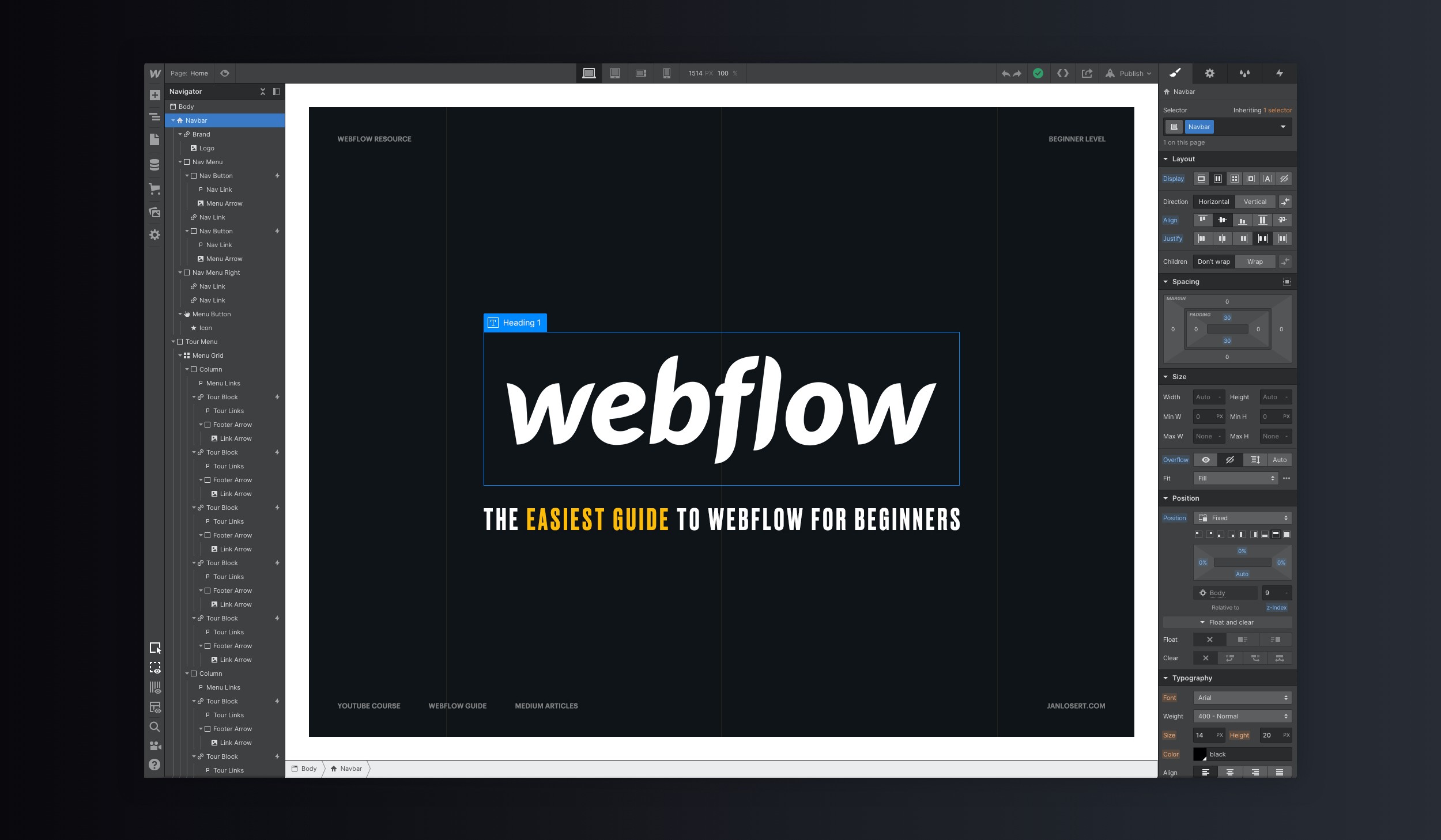 The WebFlow interface
with an element tree on the left
and GUI for CSS on the right
and a big window showing
the webflow logo and tagline -
the easiest guide to WebFlow for beginners

