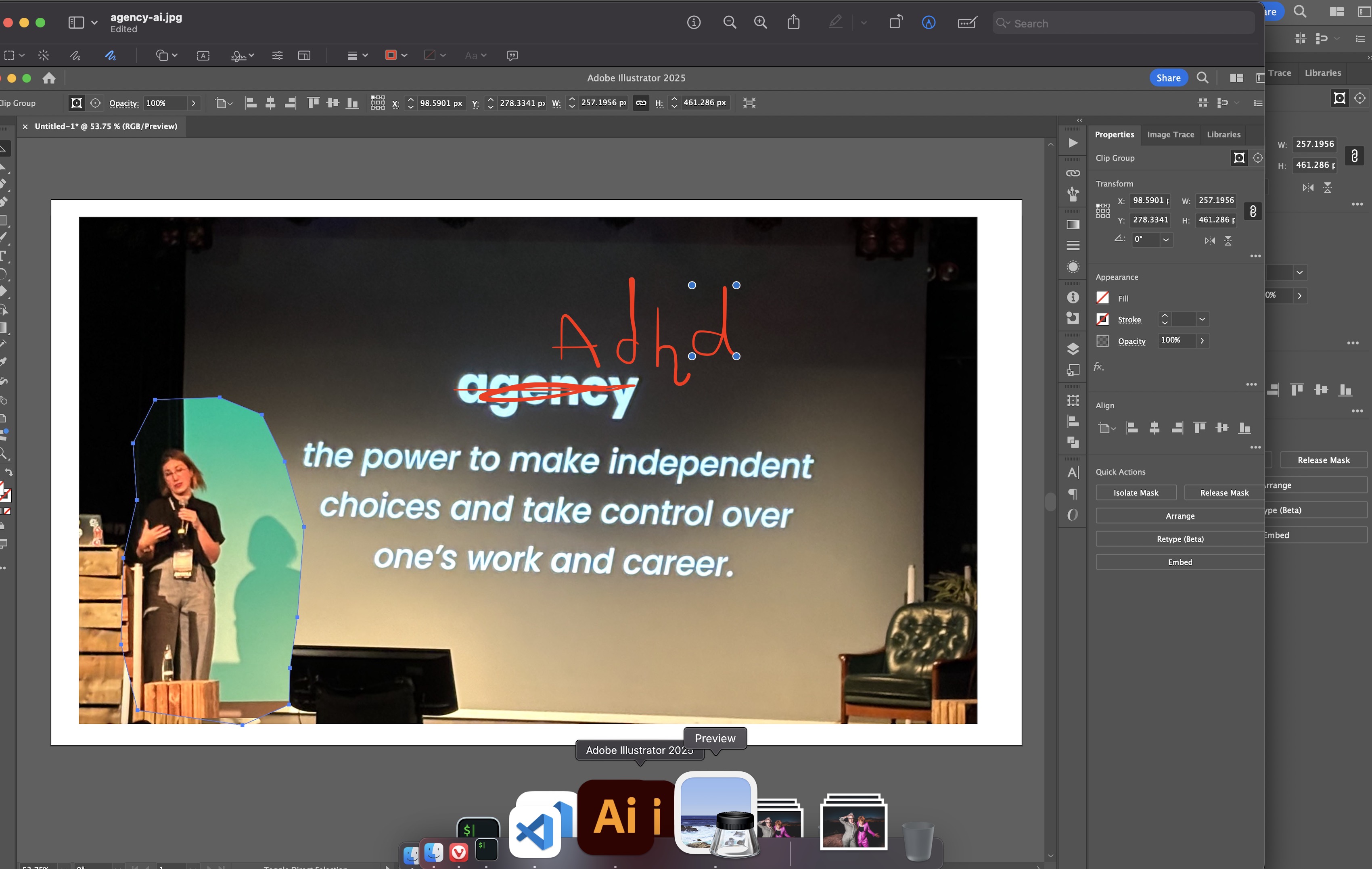 Using preview to edit the previous slide with scribbled red digital letters that say ADHD instead of agency
