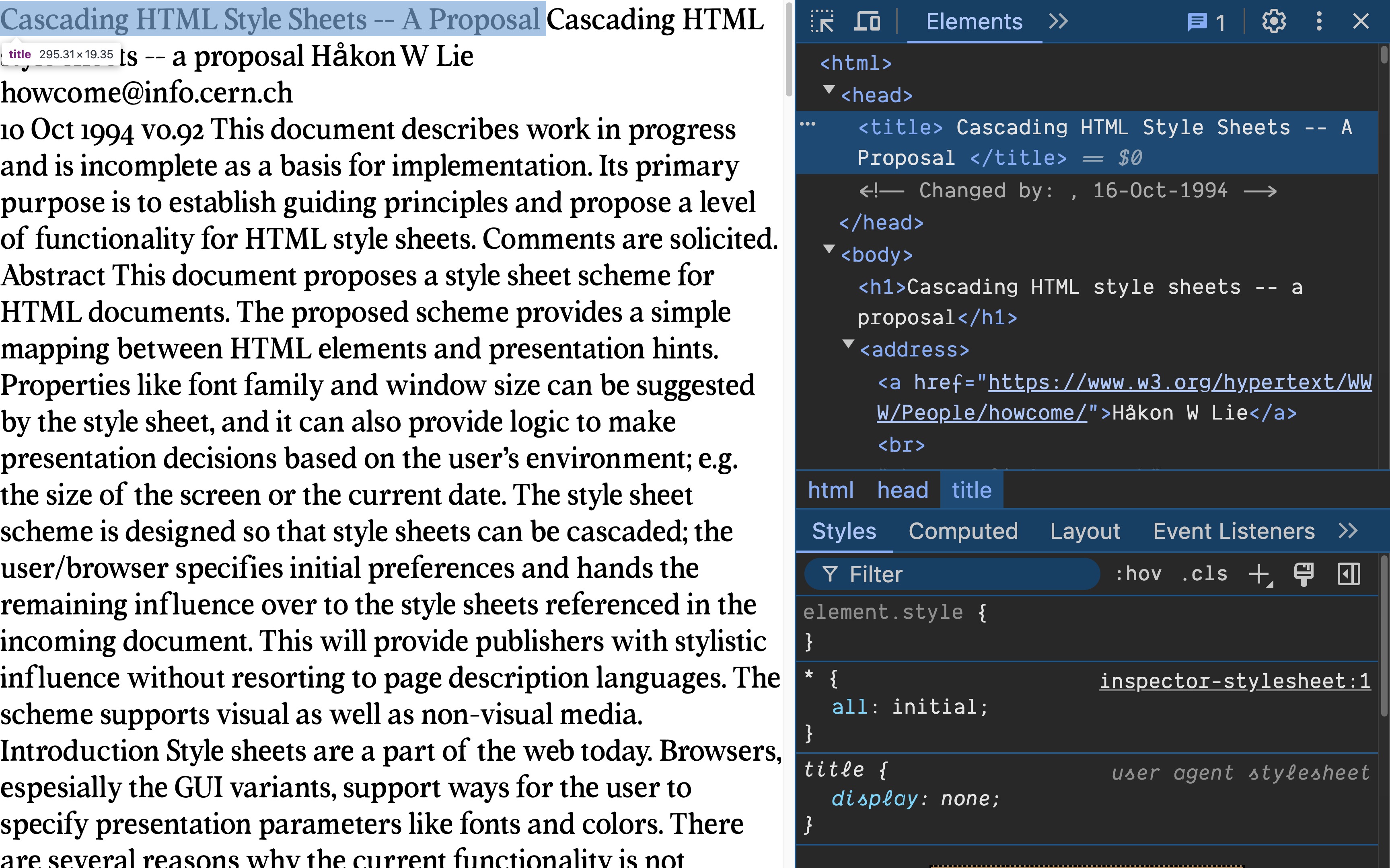 Proposal email with dev tools open and * { display: inline; } applied, inspecting the title element in the document head, which is now visible on the page before the h1 that starts the email.
