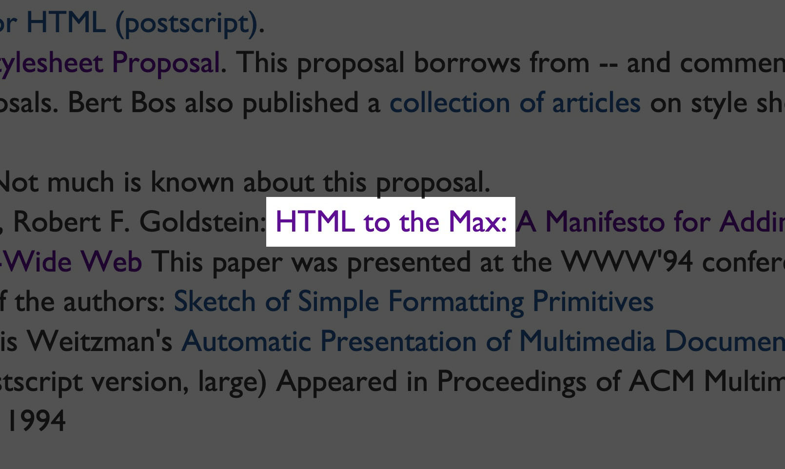 Closeup of the Style history page with one phrase in focus, HTML To The Max
