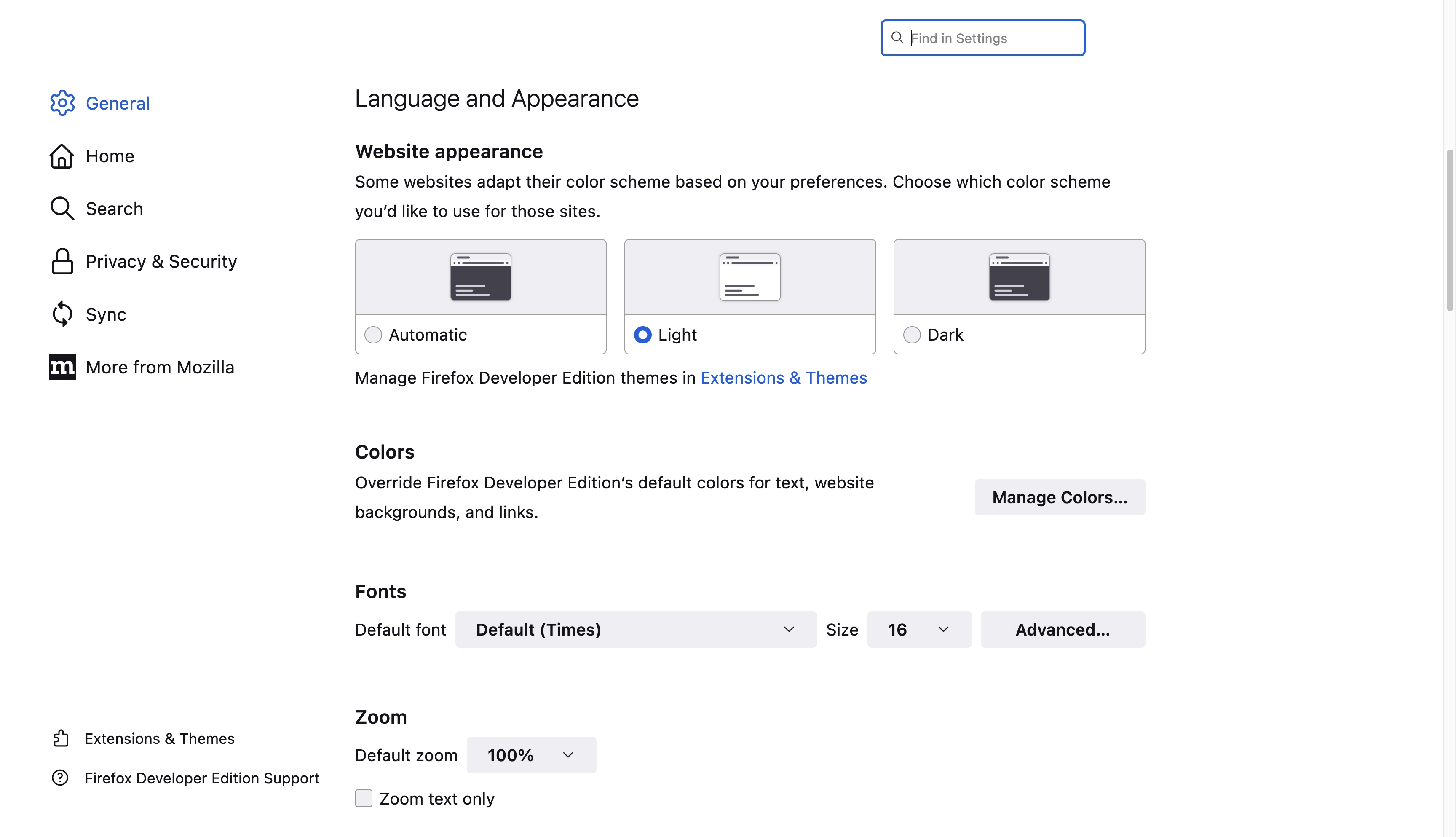 Language and appearance preferences in Firefox include light/dark mode, colors, fonts, and zoom level
